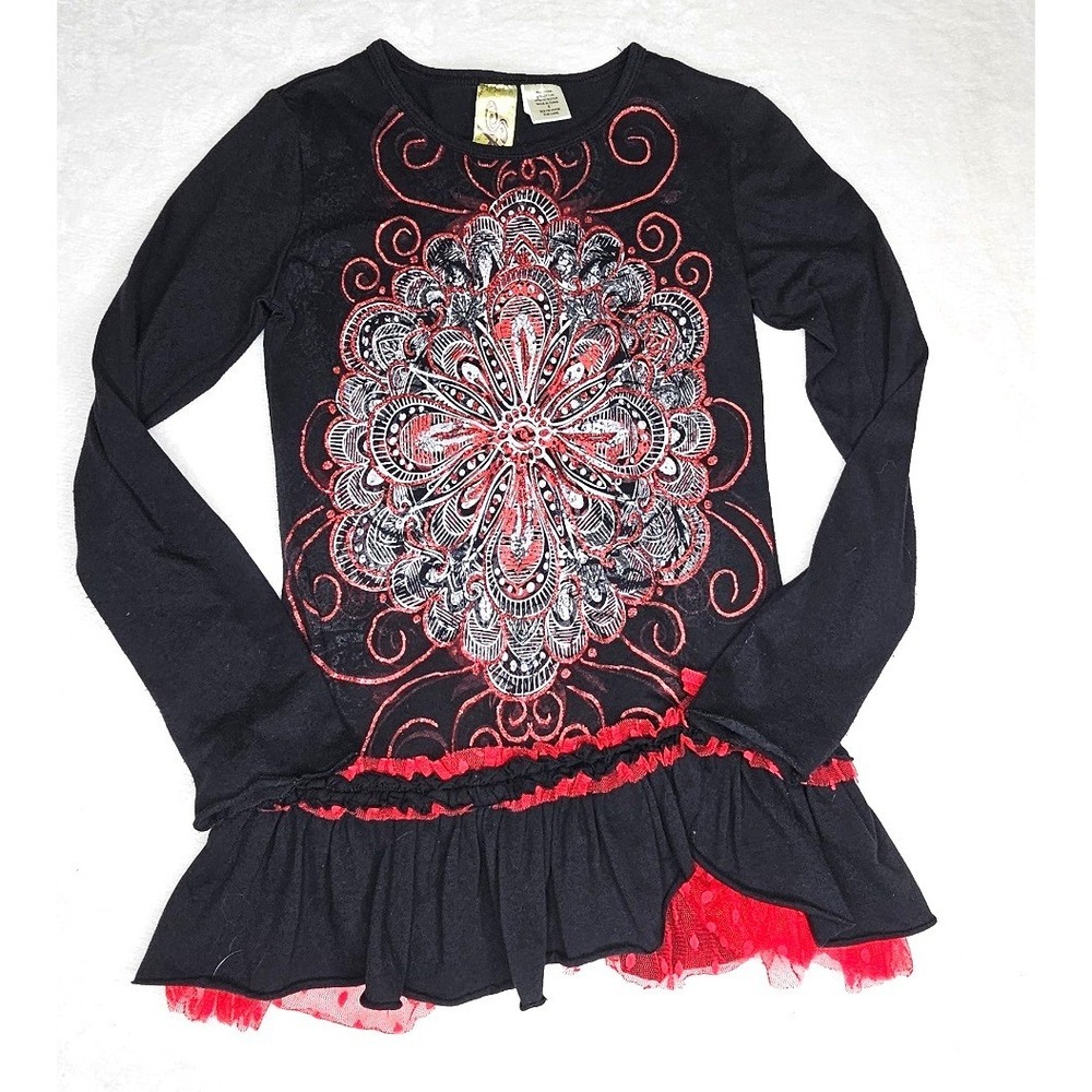 Spoiled Long Sleeve Graphic Top Small Black Red Glitter Ruffle Mandala Hem